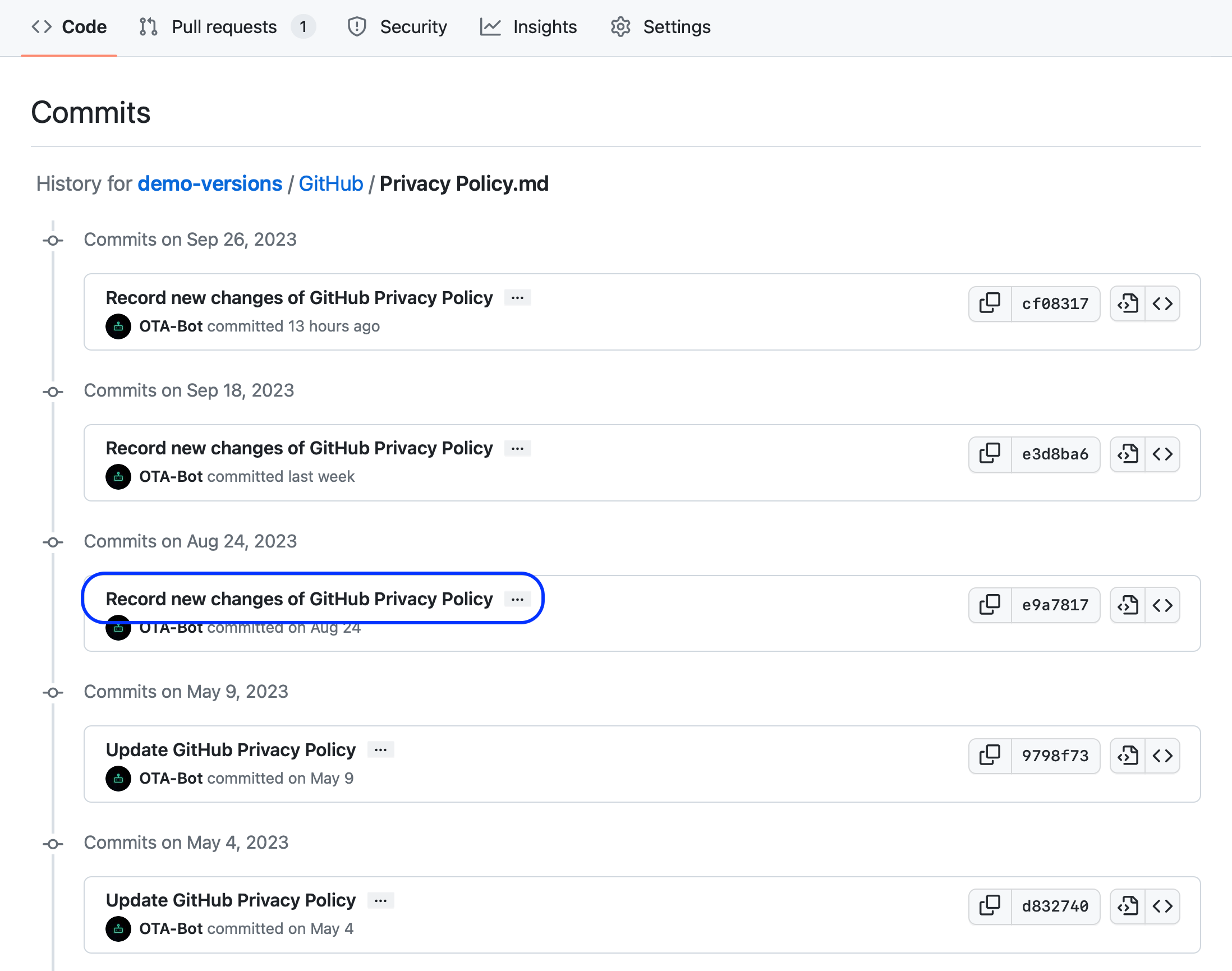 GitHub Privacy Policy history