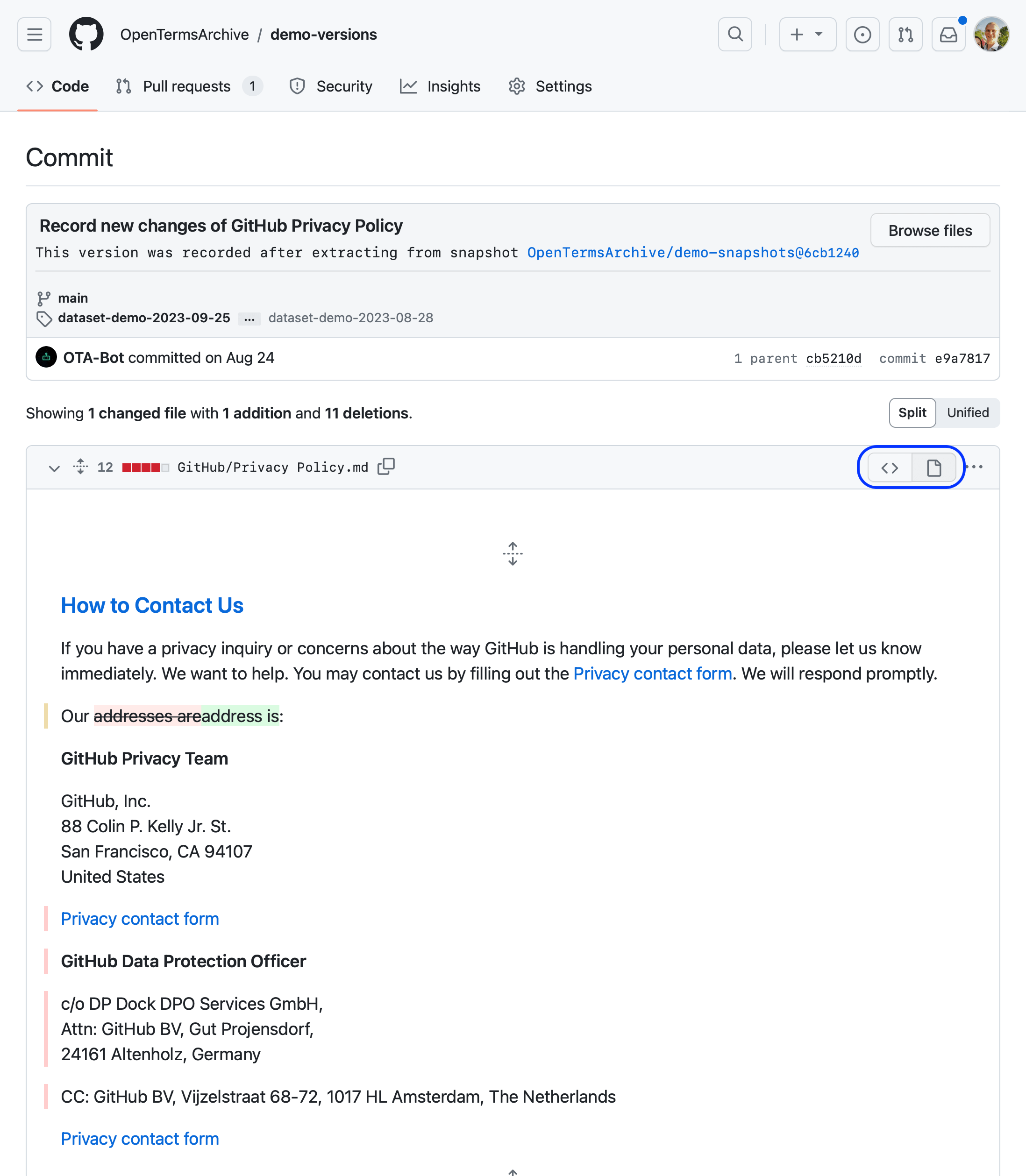 One GitHub Privacy Policy change with rich diff view