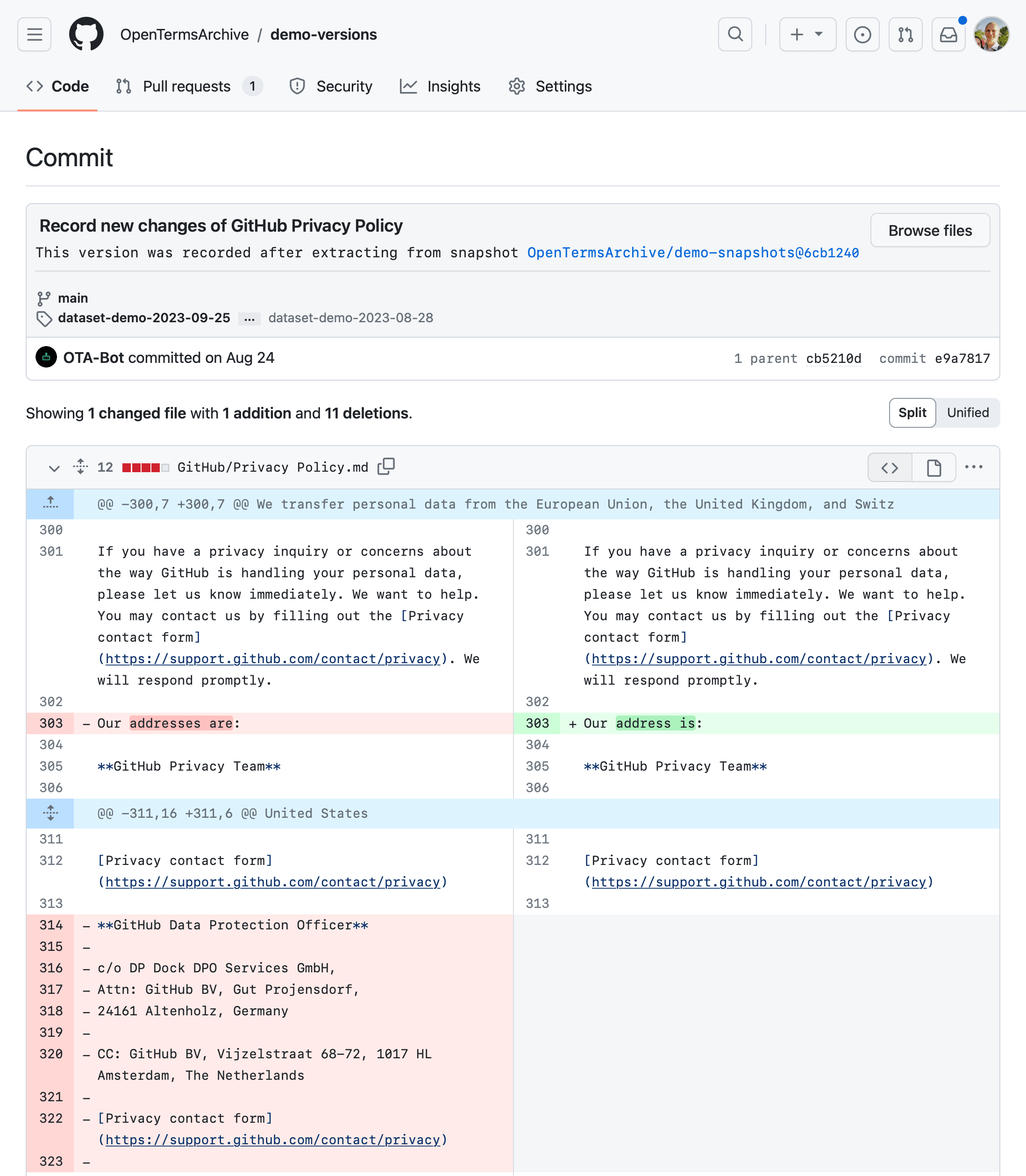 One GitHub Privacy Policy change with source diff view